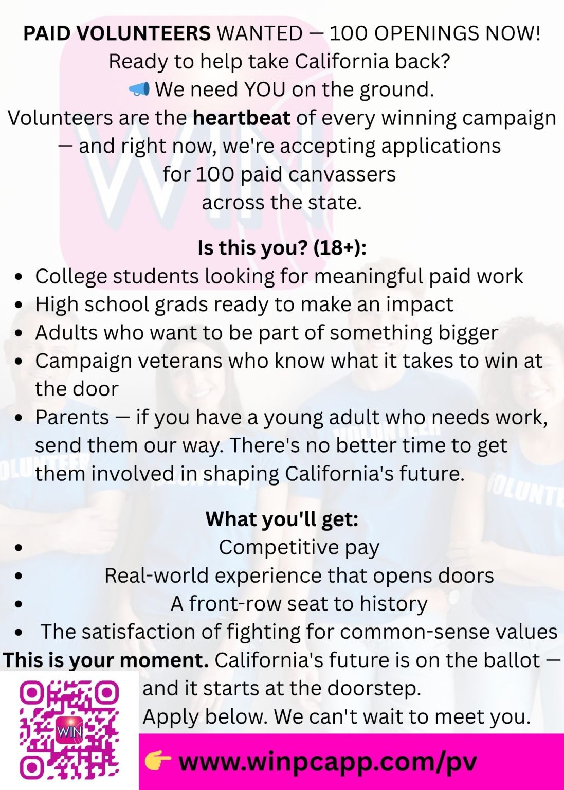 Poster recruiting paid volunteers: 100 openings to help California; adults 18+ urged to apply with a QR code on the left and a website link on pink banner.